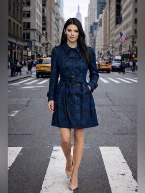 🎁 Burberry London navy blue python print silk summer trench coat jacket XS 38 S